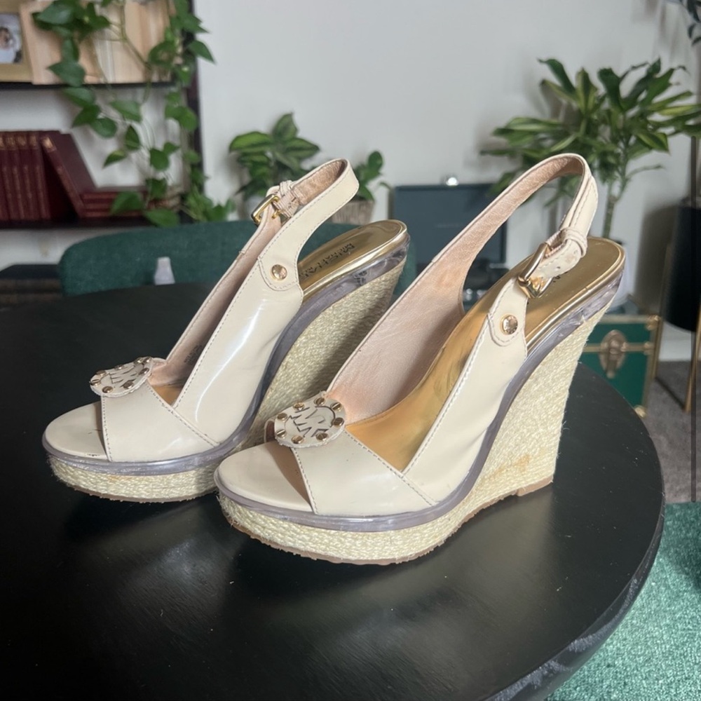 Michael Kors Beige Patent Leather Wedge Sandals - Picture 3 of 6